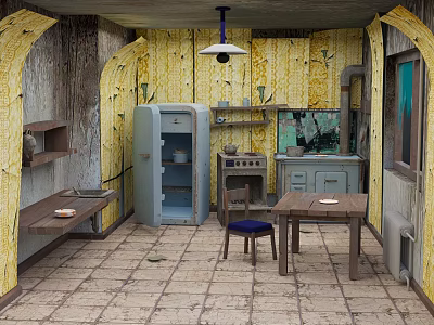 Cartoon Kitchen Scene With Yellow Wood Patterned Walls Vintage Refrigerator And Wooden Table 3d model