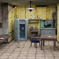 Cartoon Kitchen Scene With Yellow Wood Patterned Walls Vintage Refrigerator And Wooden Table