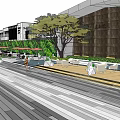 Modern Garden Landscape Design With Open Square Geometric Pavement Fountains And Green Plants