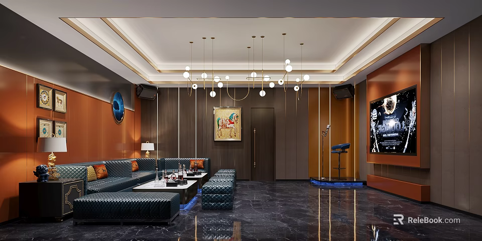 Luxury KTV Interior Design With Comfortable Sofa Chandelier Lighting And TV Screen 3d model 