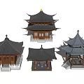 Various Traditional Chinese Landscape Pavilions With Curved Eaves And Wooden Structures