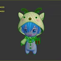Cute Blue Haired Character in Reindeer Costume Holding Gift Box and Bell