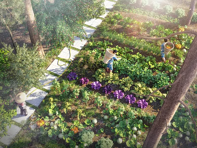 Landscape Garden Design With Vegetable Plots Stone Path People Working And Colorful Plants 3d model