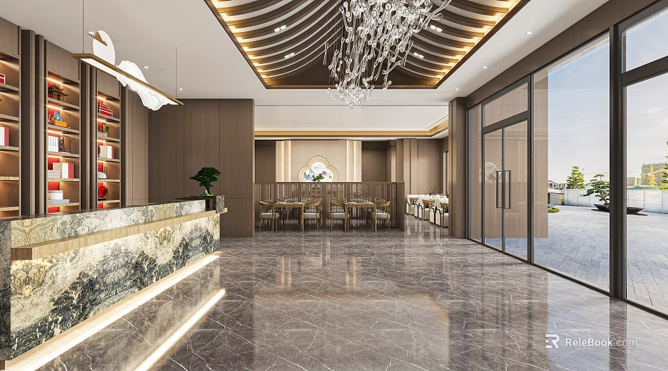 Elegant Modern Hotel Lobby With Marble Floor Chandelier Reception Desk And Glass Doors 3d model 