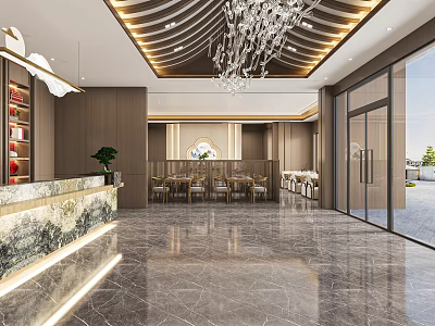 Elegant Modern Hotel Lobby With Marble Floor Chandelier Reception Desk And Glass Doors 3d model