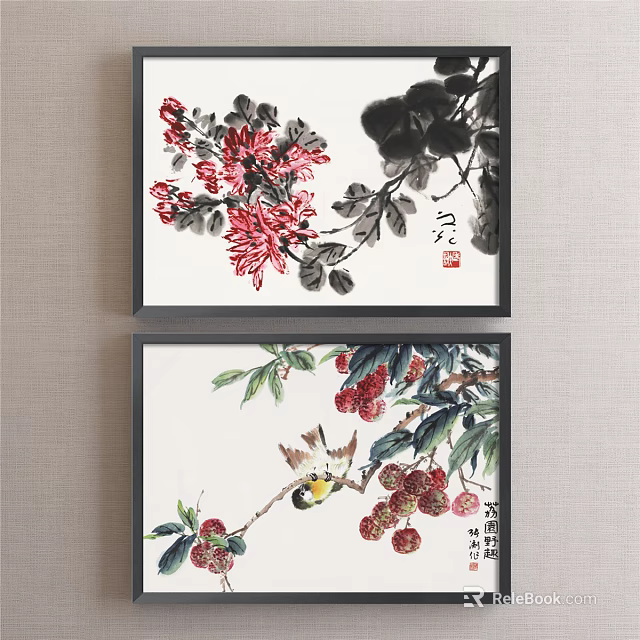 Traditional Botanical Paintings With Red Flowers Black Leaves Lychee Fruits And Little Bird Decor 3d model 