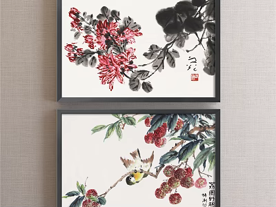Traditional Botanical Paintings With Red Flowers Black Leaves Lychee Fruits And Little Bird Decor 3d model