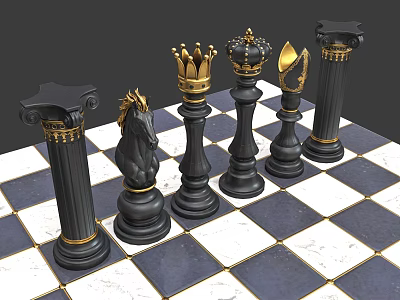 Black and Gold Ornate Chess Pieces on Classic Black White Chessboard for Board Game Entertainment 3d model