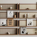 Minimalist Wooden Storage Shelves With Woven Panels Books Decorative Vases And Art Prints