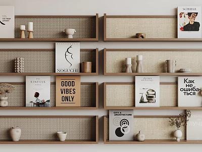 Minimalist Wooden Storage Shelves With Woven Panels Books Decorative Vases And Art Prints 3d model