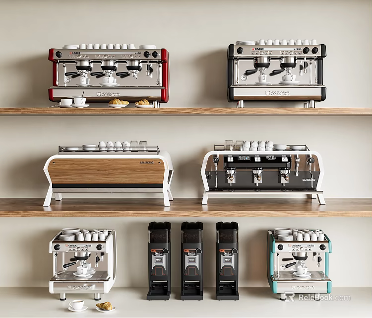 Various Coffee Machines Displayed On Wooden Shelves With Different Colors And Designs 3d model 