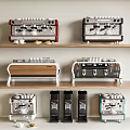 Various Coffee Machines Displayed On Wooden Shelves With Different Colors And Designs