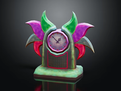 Artistic Tabletop Clock With Colorful Green Purple Red Leaves And Decorative Base 3d model