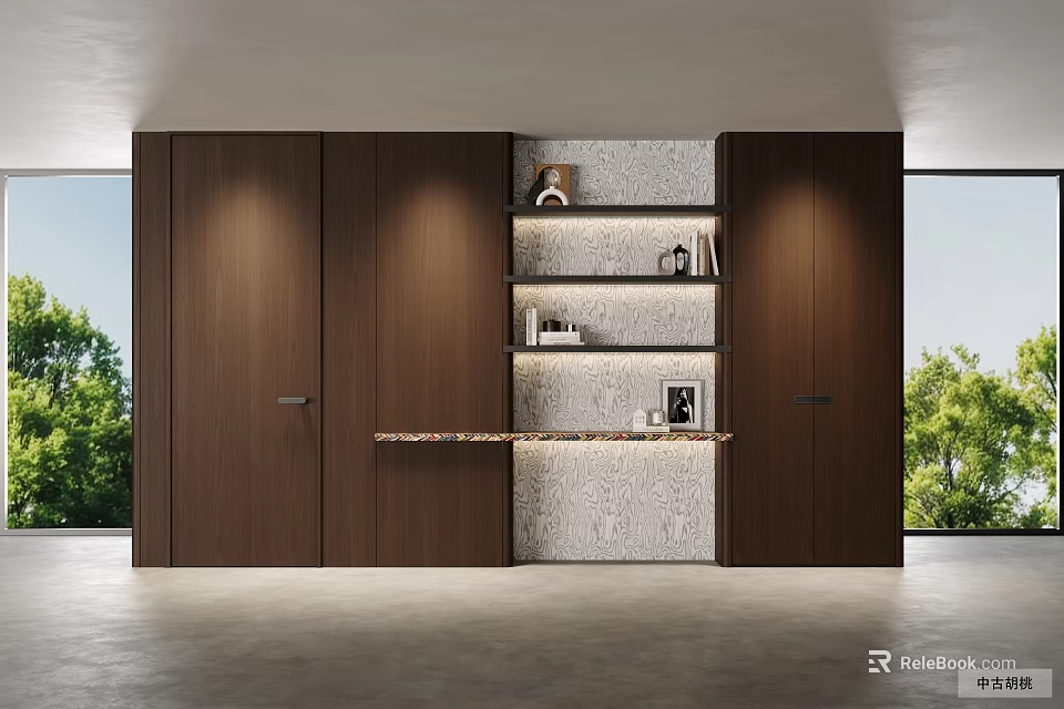 Modern Dark Brown Wood Bookcase With Open Shelves Cabinets Large Windows And Green Trees Outside 3d model 