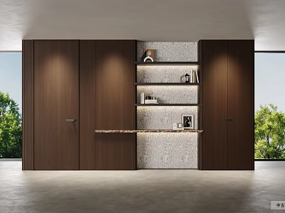 Modern Dark Brown Wood Bookcase With Open Shelves Cabinets Large Windows And Green Trees Outside 3d model