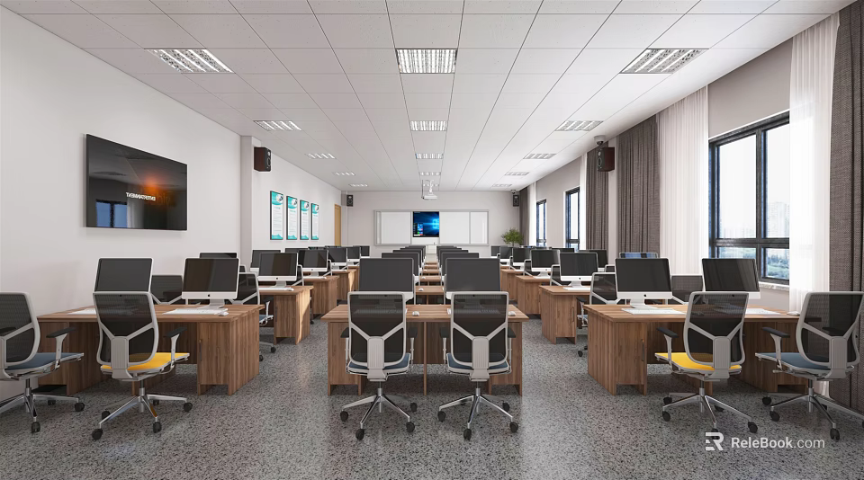 Modern School Classroom With Computers Desks Ergonomic Chairs And Interactive Whiteboard 3d model