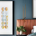 Modern Double Bed with Orange Leather Headboard Deep Blue Wall Art and Gold Sconces