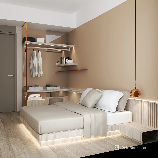 Hotel Guest Room With Comfortable Bed Pillows Bathrobes Shelves And Copper Pendant Light 3d model 