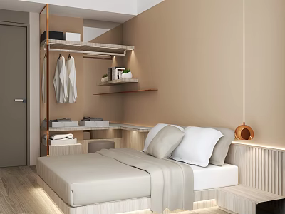 Hotel Guest Room With Comfortable Bed Pillows Bathrobes Shelves And Copper Pendant Light 3d model