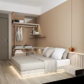 Hotel Guest Room With Comfortable Bed Pillows Bathrobes Shelves And Copper Pendant Light