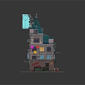 Cartoon Style Multi Story Building with Shop Front Billboard and Illuminated Windows