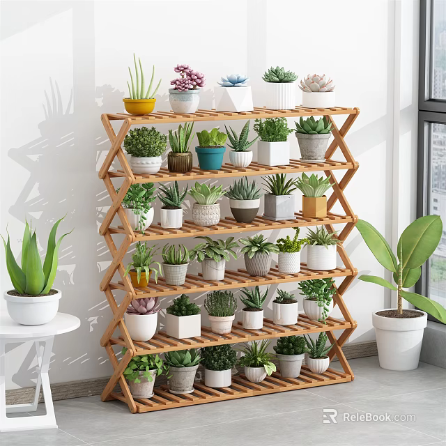 Geometric Wooden Multi Tiered Plant Stand With Succulents And Various Potted Plants 3d model 