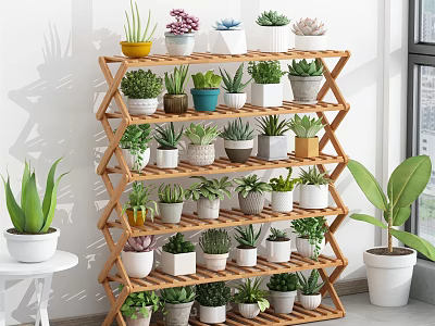 Geometric Wooden Multi Tiered Plant Stand With Succulents And Various Potted Plants 3d model