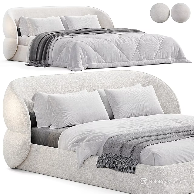 Modern Comfortable Upholstered Double Bed Interior With Soft Pillows Gray Blanket And Curved Headboard 3d model 