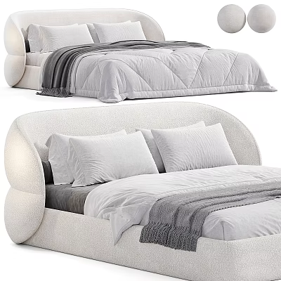 Modern Comfortable Upholstered Double Bed Interior With Soft Pillows Gray Blanket And Curved Headboard 3d model