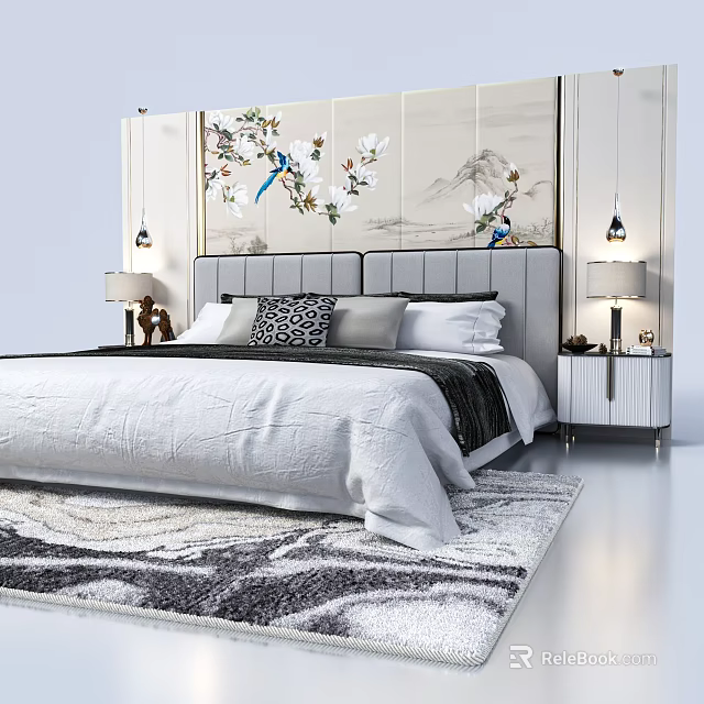 Double Bed With Floral Bird Painting Background And Bedside Nightstands Table Lamps Decorative Pillows 3d model 