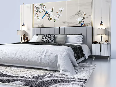 Double Bed With Floral Bird Painting Background And Bedside Nightstands Table Lamps Decorative Pillows 3d model