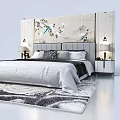 Double Bed With Floral Bird Painting Background And Bedside Nightstands Table Lamps Decorative Pillows