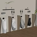 Modern Urinals with Wooden Partitions Wall Shelves and Green Plant in Clean Restroom Design