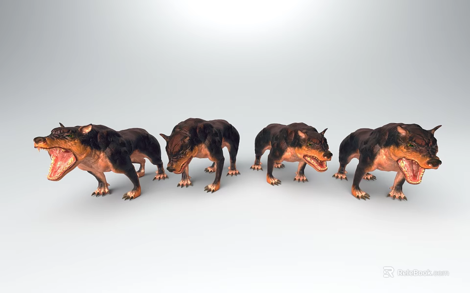 Four Dark Brown Prehistoric Creature Models Arranged In Line With Open Mouths 3d model 