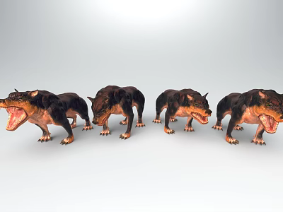 Four Dark Brown Prehistoric Creature Models Arranged In Line With Open Mouths 3d model