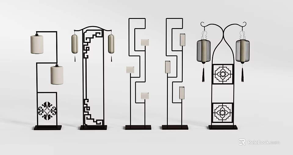Chinese Style Floor Lamps with Hollowed Out Patterns Lantern Shades and Geometric Frames 3d model 