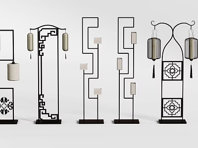 Chinese Style Floor Lamps with Hollowed Out Patterns Lantern Shades and Geometric Frames 3d model