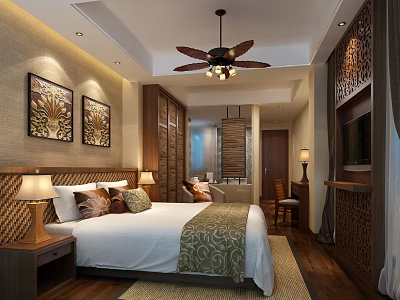 Elegant Hotel Guest Room with Comfortable Bed Decorative Paintings Ceiling Fan and Wooden Furniture 3d model