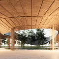 Garden Landscape Featuring Modern Wooden Pavilion Curved Roof Bamboo And Lush Green Plants