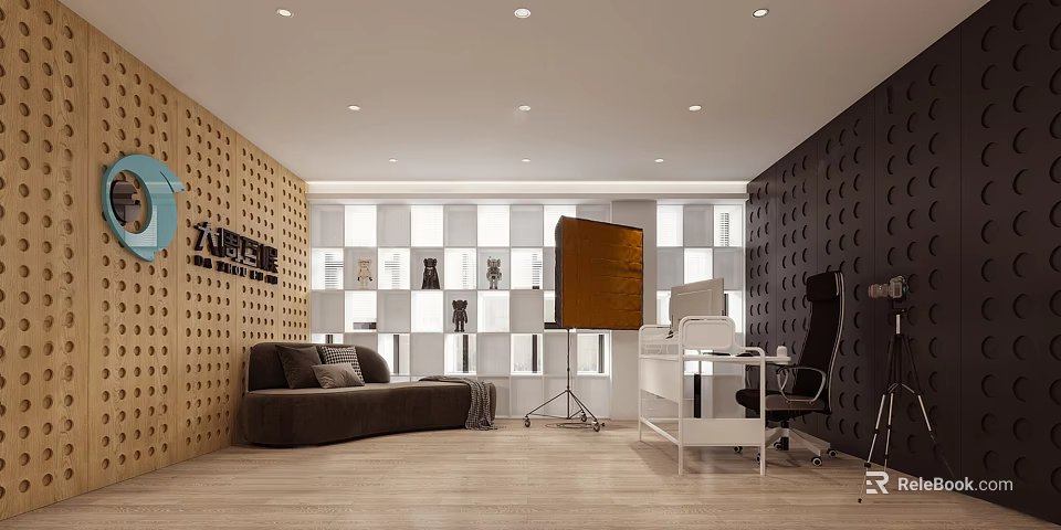 Public Office Space Featuring Brown Sofa White Desk Black Chair Wooden Wall And Projection Screen 3d model 