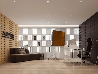 Public Office Space Featuring Brown Sofa White Desk Black Chair Wooden Wall And Projection Screen 3d model