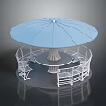 Outdoor Patio Furniture Set With Blue Round Umbrella And White Chairs Table