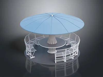 Outdoor Patio Furniture Set With Blue Round Umbrella And White Chairs Table 3d model