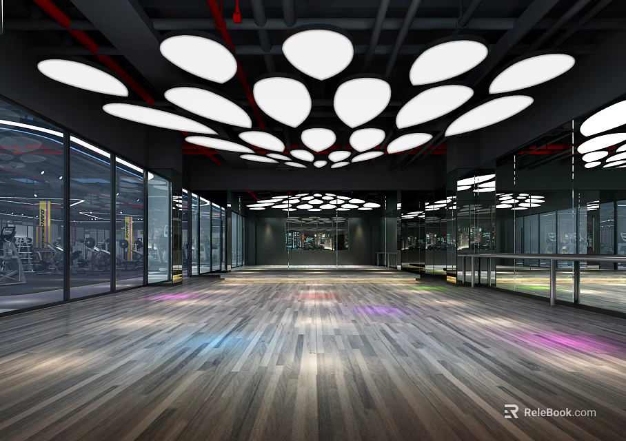 Modern Fitness Gym Interior With Wooden Floor Circular Ceiling Lights And Large Windows 3d model 