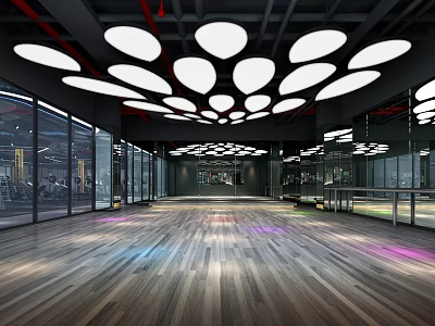 Modern Fitness Gym Interior With Wooden Floor Circular Ceiling Lights And Large Windows 3d model