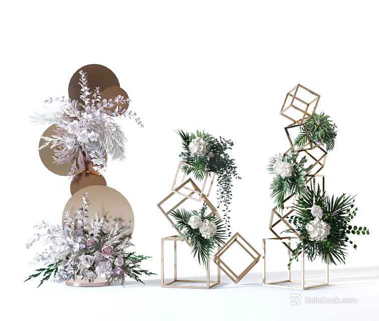Creative Floral Display Design With Geometric Frames White Flowers And Green Foliage 3d model 