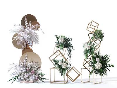 Creative Floral Display Design With Geometric Frames White Flowers And Green Foliage 3d model