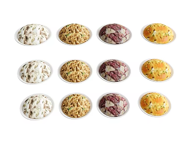 Assorted Delicious Food Dishes Arranged in Rows on White Background 3d model