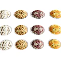 Assorted Delicious Food Dishes Arranged in Rows on White Background