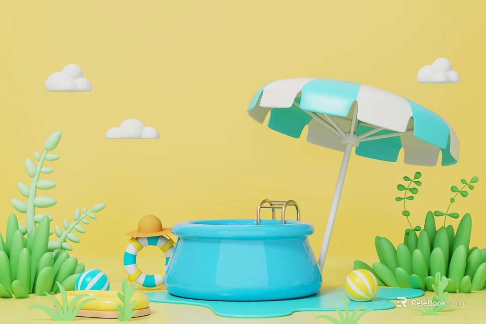 Exhibition Hall Featuring Small Blue Pool Blue White Striped Umbrella Yellow Background Clouds And Green Plants 3d model 